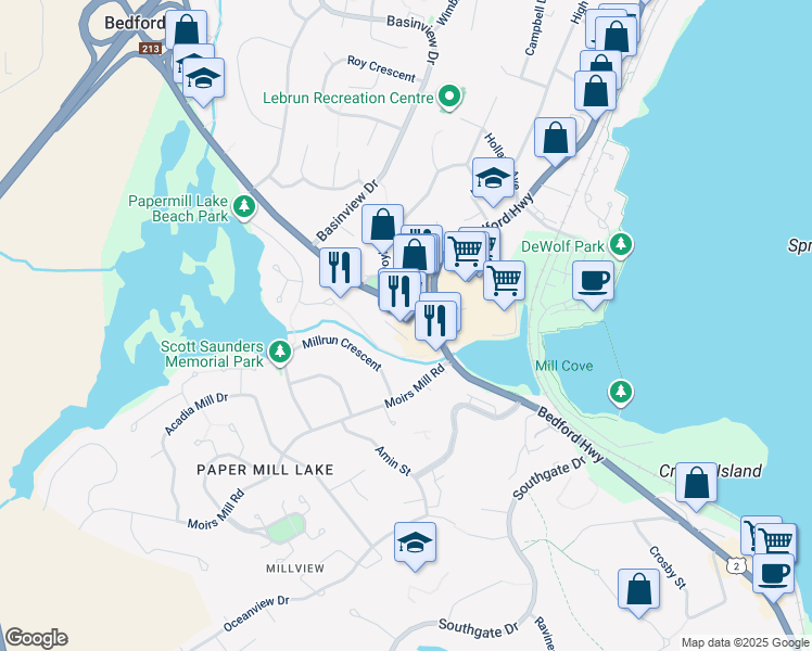 map of restaurants, bars, coffee shops, grocery stores, and more near 936 Bedford Highway in Halifax