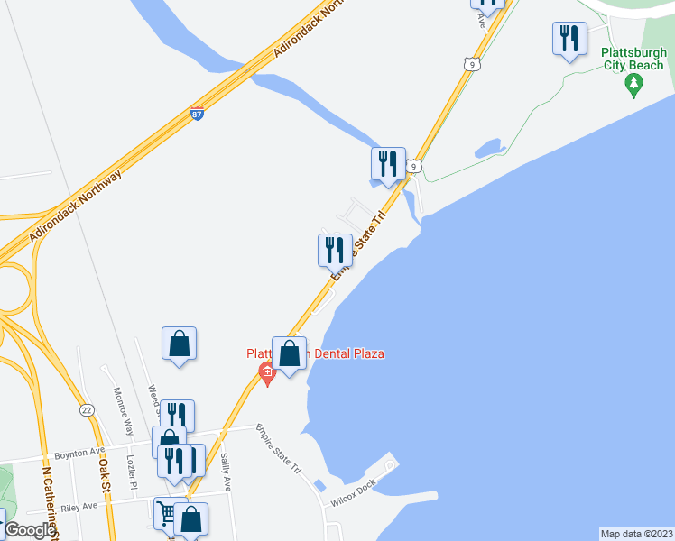 map of restaurants, bars, coffee shops, grocery stores, and more near 7 Seth Square in Plattsburgh