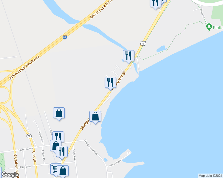 map of restaurants, bars, coffee shops, grocery stores, and more near 27 Seth Square in Plattsburgh
