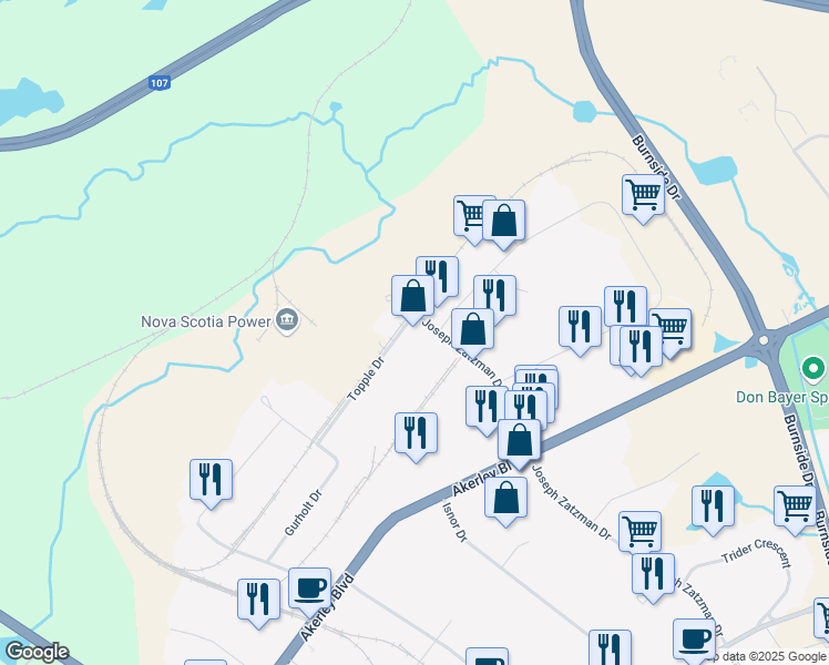 map of restaurants, bars, coffee shops, grocery stores, and more near 40 Topple Drive in Dartmouth