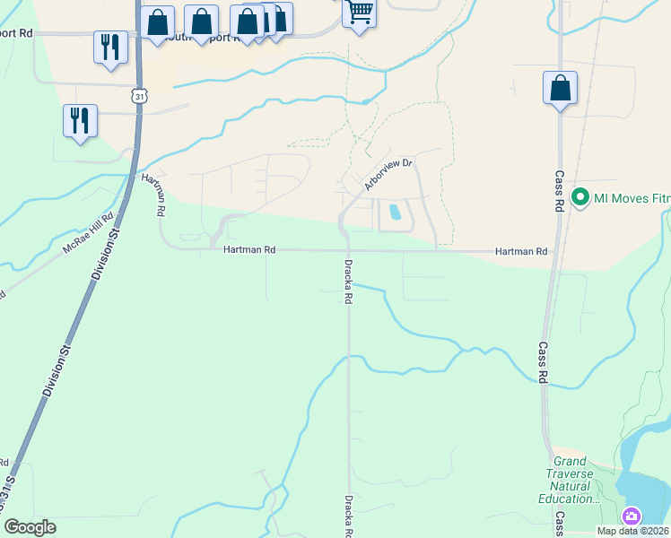 map of restaurants, bars, coffee shops, grocery stores, and more near 3033 Hartman Road in Traverse City