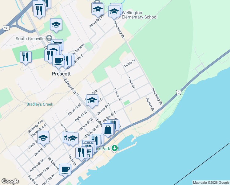 map of restaurants, bars, coffee shops, grocery stores, and more near 297 Park Street East in Prescott