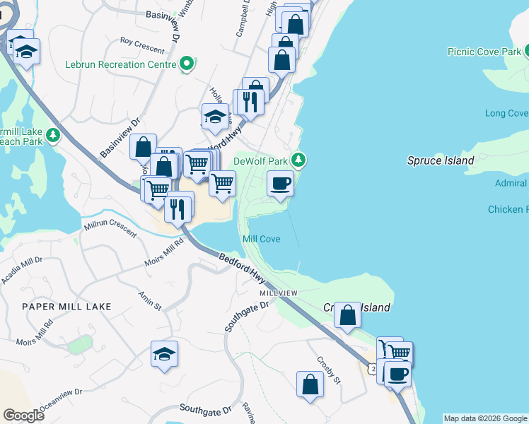 map of restaurants, bars, coffee shops, grocery stores, and more near 212 Waterfront Drive in Bedford
