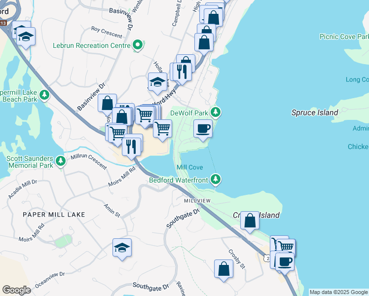 map of restaurants, bars, coffee shops, grocery stores, and more near 222 Waterfront Drive in Bedford
