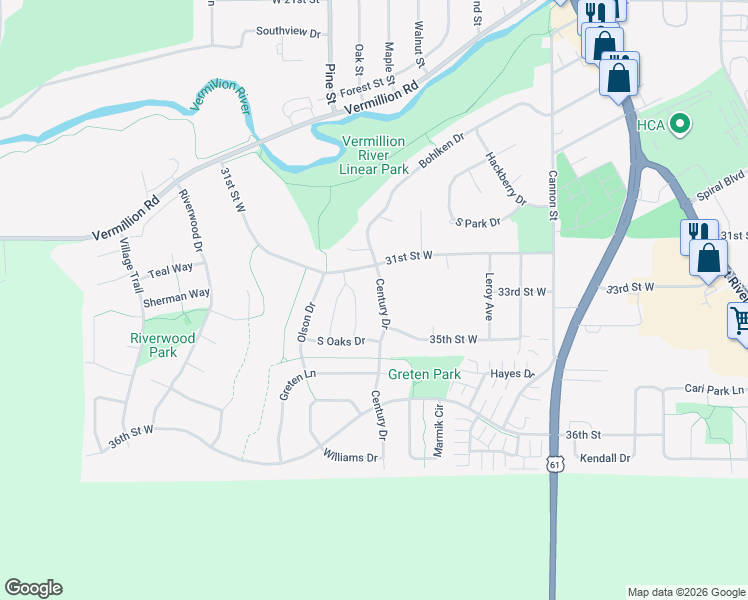 map of restaurants, bars, coffee shops, grocery stores, and more near 3346 Century Drive in Hastings