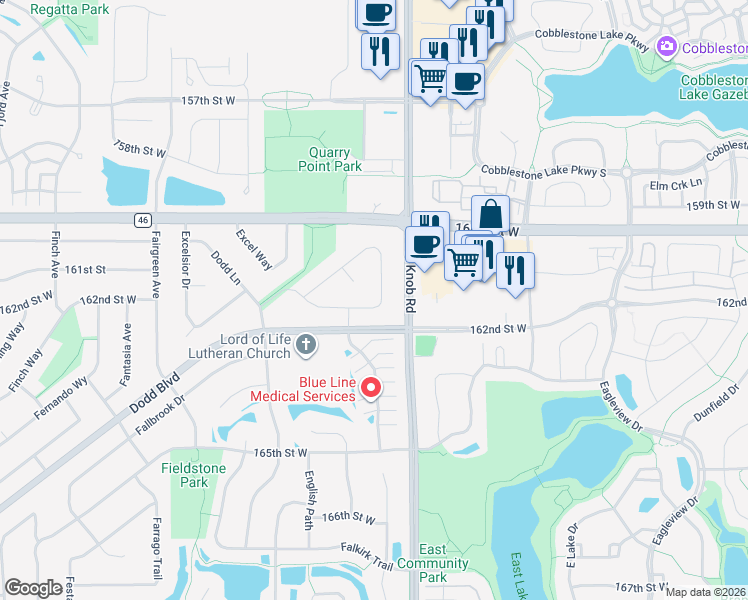 map of restaurants, bars, coffee shops, grocery stores, and more near 5601 162nd Street West in Lakeville