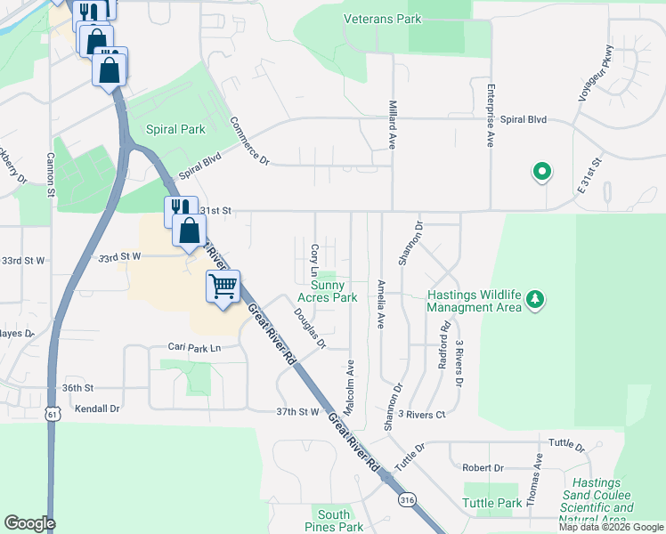 map of restaurants, bars, coffee shops, grocery stores, and more near 3359 Cory Lane in Hastings