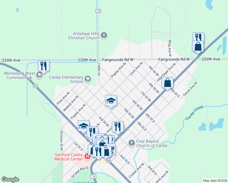 map of restaurants, bars, coffee shops, grocery stores, and more near 506 Lyon Avenue North in Canby
