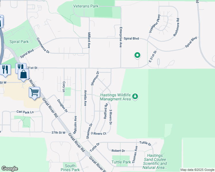 map of restaurants, bars, coffee shops, grocery stores, and more near 36 Meggan Drive in Hastings
