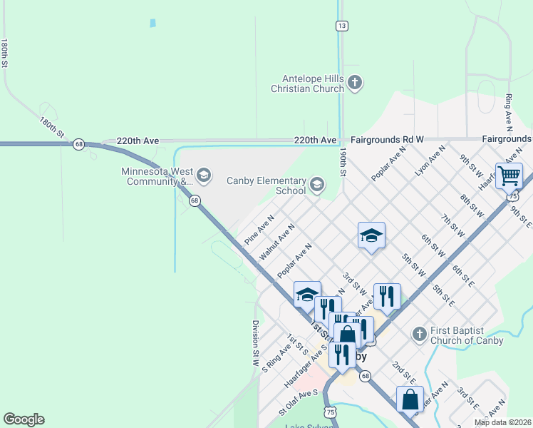 map of restaurants, bars, coffee shops, grocery stores, and more near 204 Pine Avenue North in Canby