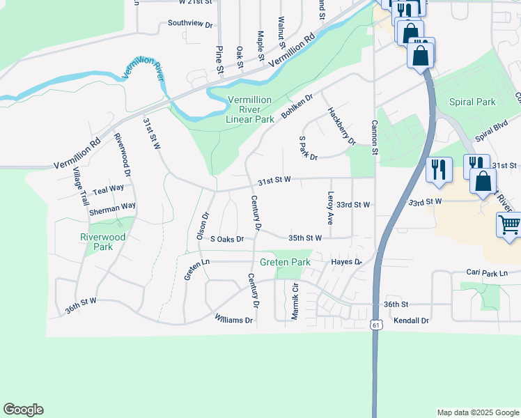 map of restaurants, bars, coffee shops, grocery stores, and more near 3355 Century Drive in Hastings