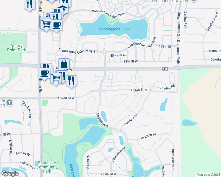 map of restaurants, bars, coffee shops, grocery stores, and more near 4965 162nd Street West in Lakeville