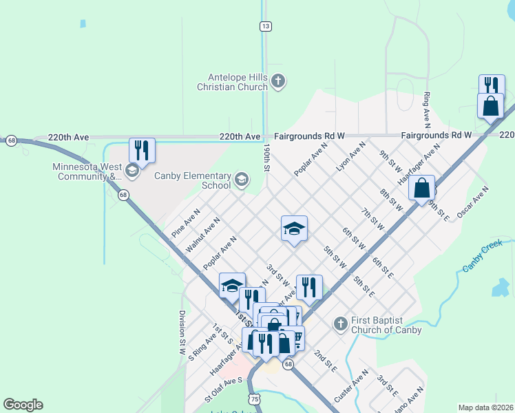 map of restaurants, bars, coffee shops, grocery stores, and more near 404 Poplar Avenue North in Canby