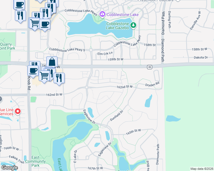 map of restaurants, bars, coffee shops, grocery stores, and more near 4917 162nd Street West in Lakeville