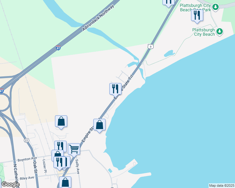 map of restaurants, bars, coffee shops, grocery stores, and more near 8 Seth Square in Plattsburgh