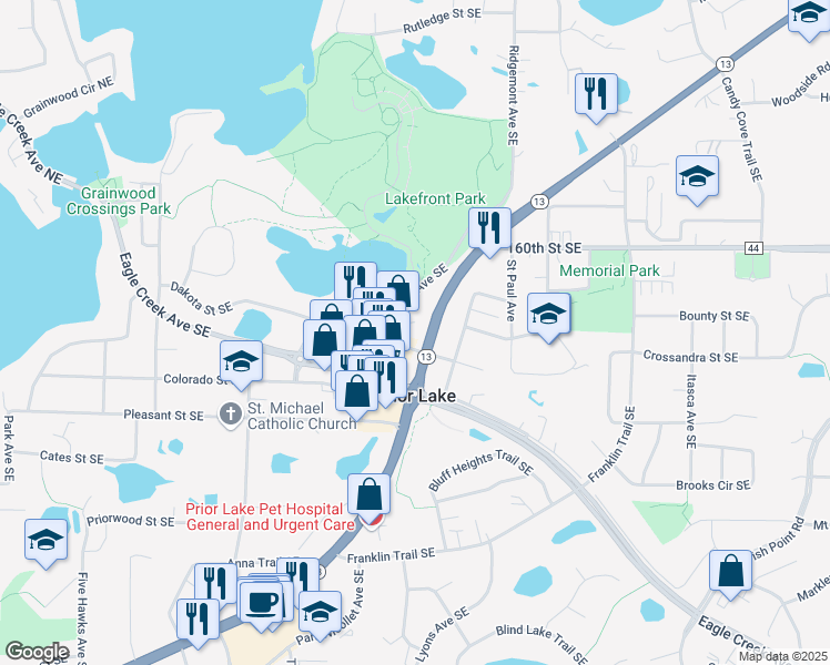 map of restaurants, bars, coffee shops, grocery stores, and more near 4810 Dakota Street Southeast in Prior Lake