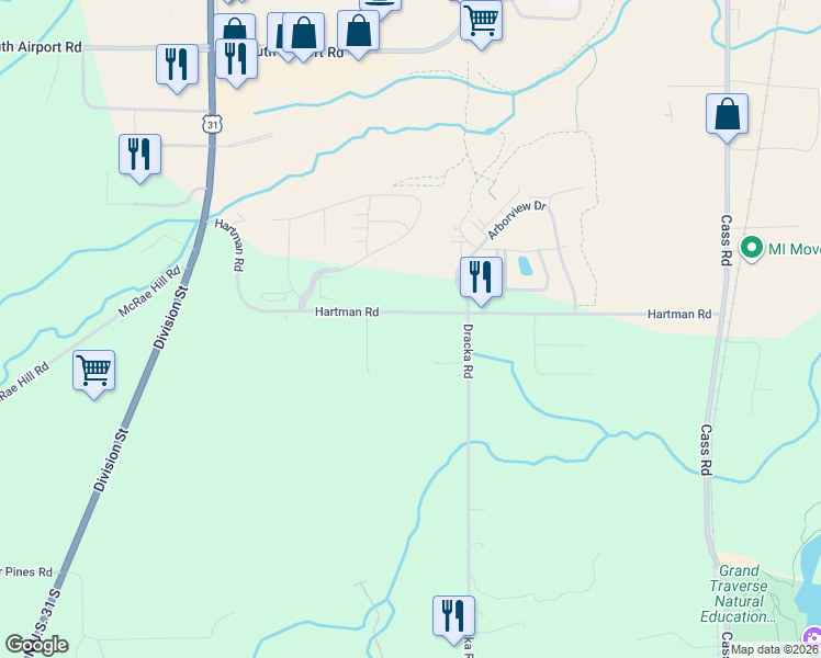 map of restaurants, bars, coffee shops, grocery stores, and more near 3033 Hartman Road in Traverse City