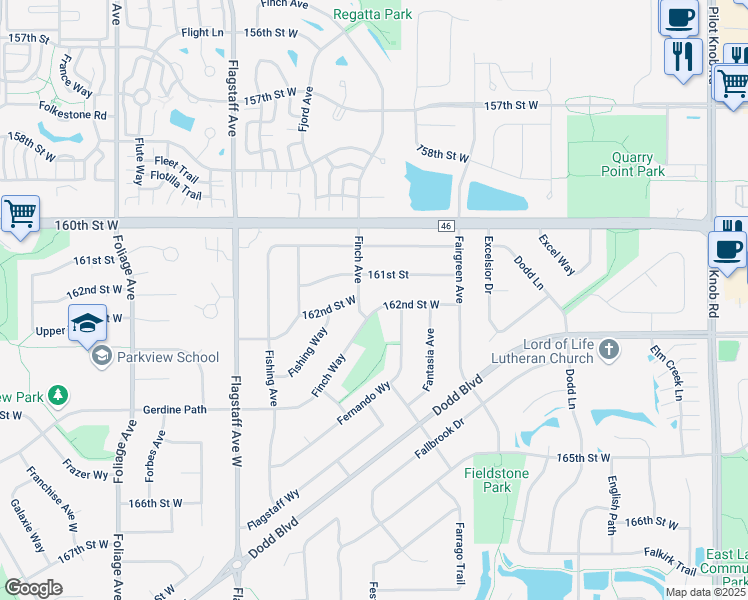 map of restaurants, bars, coffee shops, grocery stores, and more near 16220 Finch Way in Rosemount