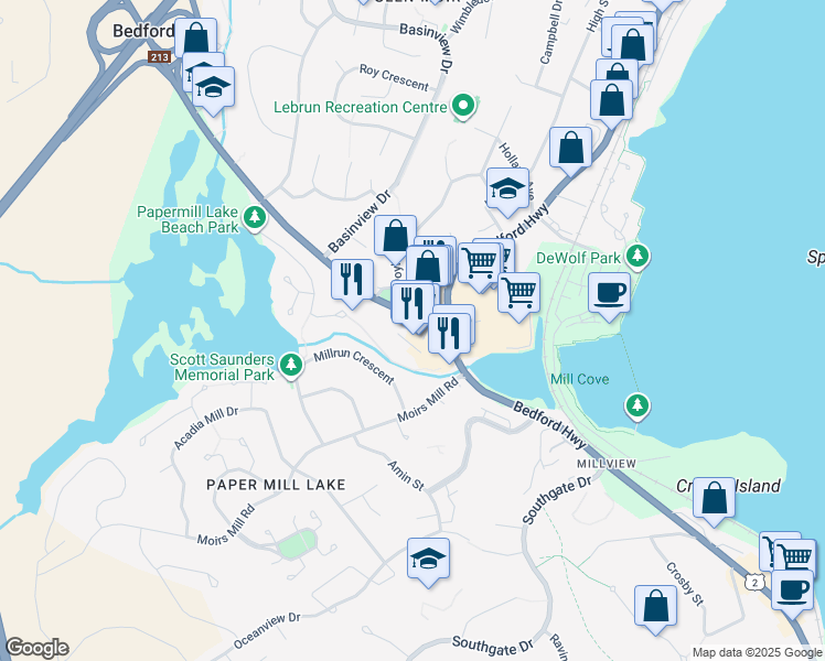 map of restaurants, bars, coffee shops, grocery stores, and more near 936 Bedford Highway in Bedford