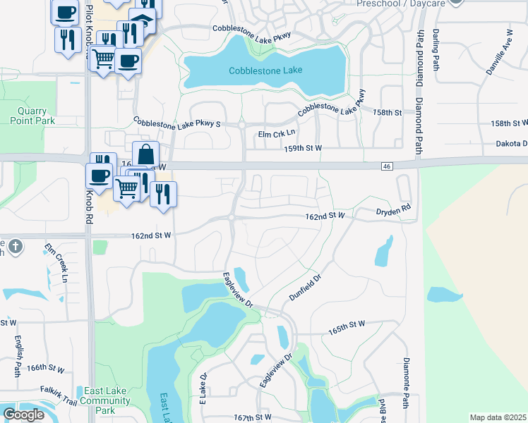 map of restaurants, bars, coffee shops, grocery stores, and more near 4965 162nd Street West in Lakeville