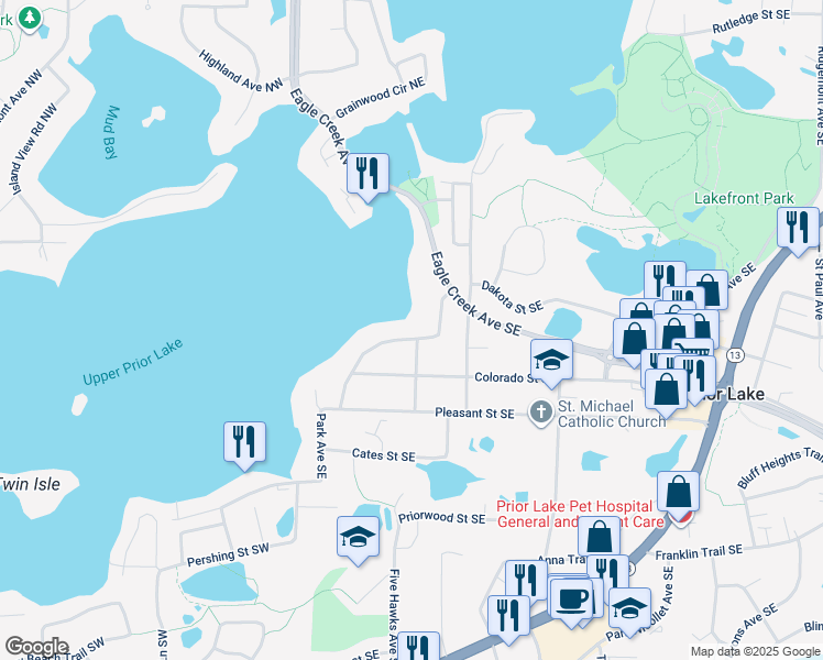 map of restaurants, bars, coffee shops, grocery stores, and more near 16152 Lakeside Avenue Southeast in Prior Lake