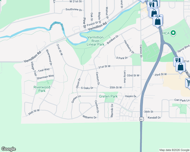 map of restaurants, bars, coffee shops, grocery stores, and more near 3355 Century Drive in Hastings