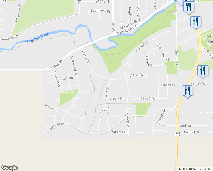 map of restaurants, bars, coffee shops, grocery stores, and more near 3176 Olson Drive in Hastings