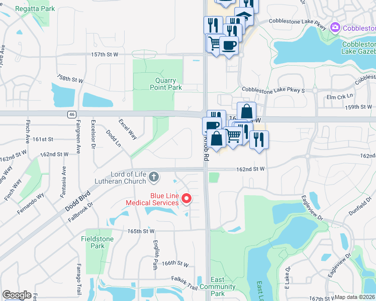 map of restaurants, bars, coffee shops, grocery stores, and more near 5601 162nd Street West in Lakeville