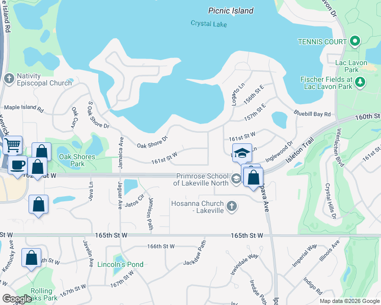 map of restaurants, bars, coffee shops, grocery stores, and more near 9870 161st Street West in Lakeville