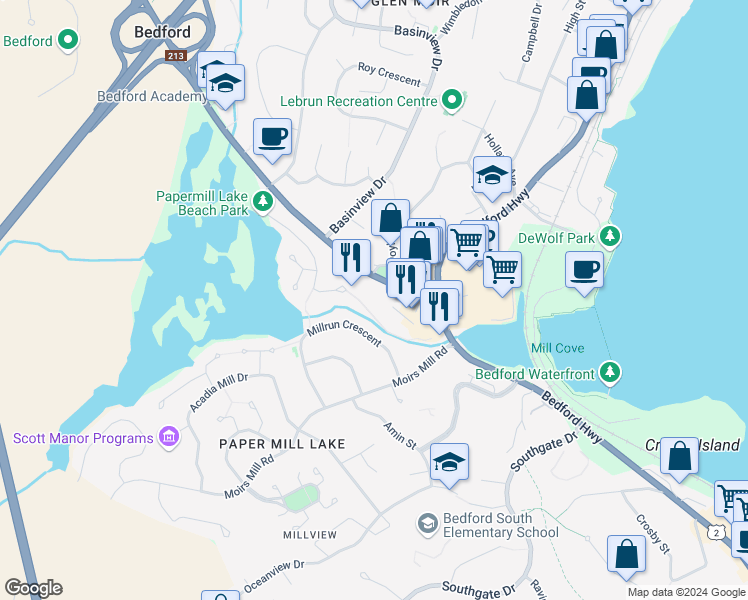 map of restaurants, bars, coffee shops, grocery stores, and more near 42 Hammonds Plains Road in Bedford