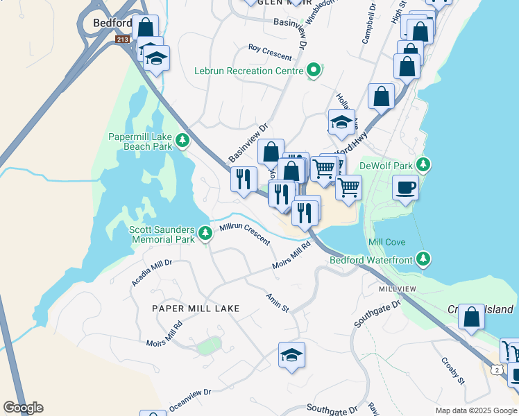 map of restaurants, bars, coffee shops, grocery stores, and more near 42 Hammonds Plains Road in Bedford