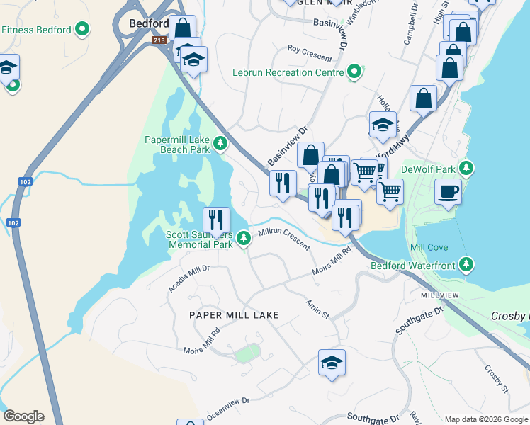 map of restaurants, bars, coffee shops, grocery stores, and more near 6 Mill Court in Bedford