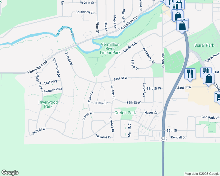 map of restaurants, bars, coffee shops, grocery stores, and more near 3270 Century Drive in Hastings