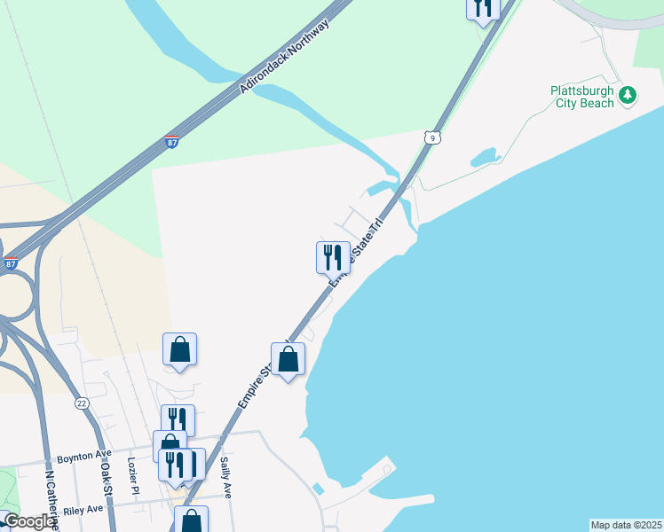 map of restaurants, bars, coffee shops, grocery stores, and more near 26 Seth Square in Plattsburgh