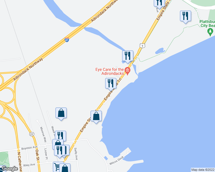 map of restaurants, bars, coffee shops, grocery stores, and more near 417 Margaret Street in Plattsburgh