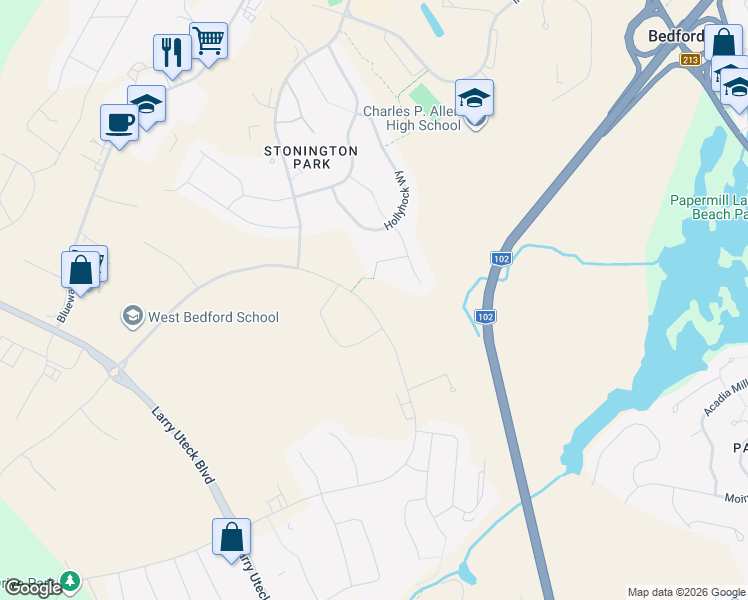 map of restaurants, bars, coffee shops, grocery stores, and more near 325 Broad Street in Bedford