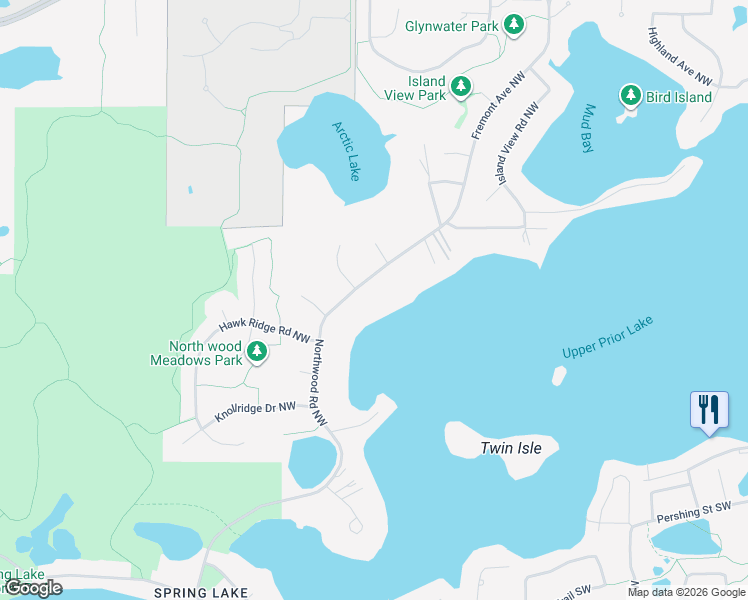 map of restaurants, bars, coffee shops, grocery stores, and more near 16145 Northwood Road Northwest in Prior Lake