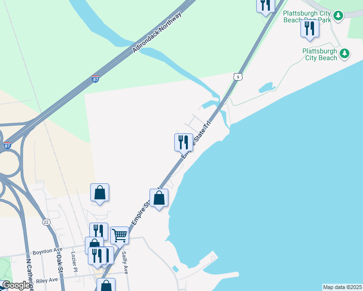 map of restaurants, bars, coffee shops, grocery stores, and more near 34 Seth Square in Plattsburgh