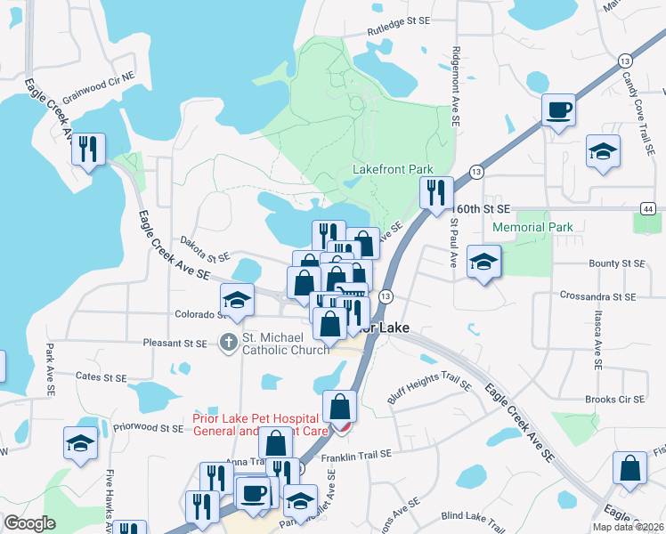 map of restaurants, bars, coffee shops, grocery stores, and more near 16154 Main Avenue Southeast in Prior Lake