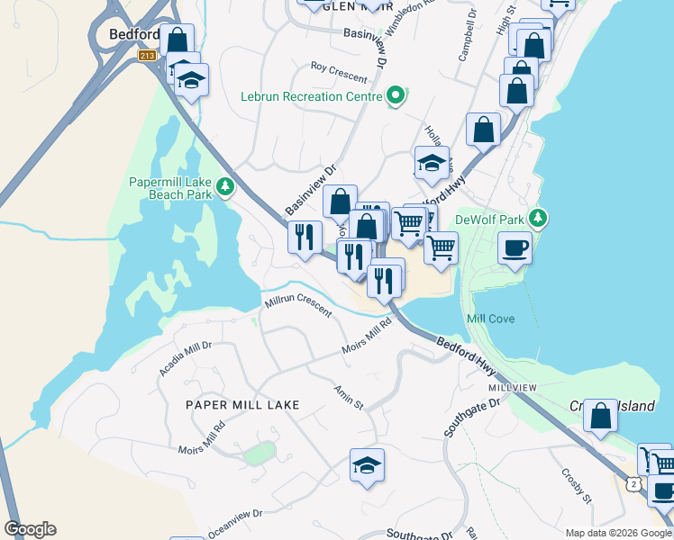 map of restaurants, bars, coffee shops, grocery stores, and more near 42 Hammonds Plains Road in Bedford