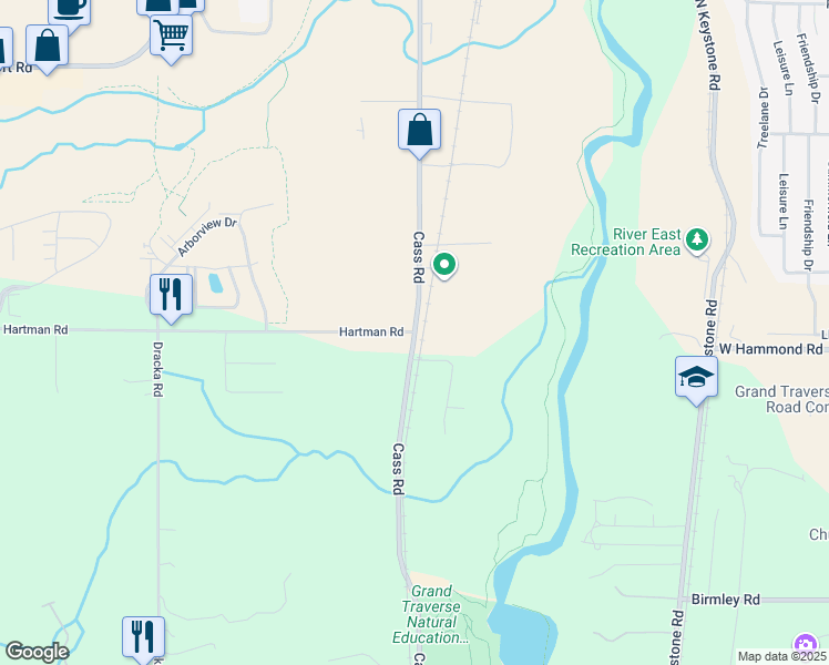 map of restaurants, bars, coffee shops, grocery stores, and more near 2501 Hartman Road in Traverse City