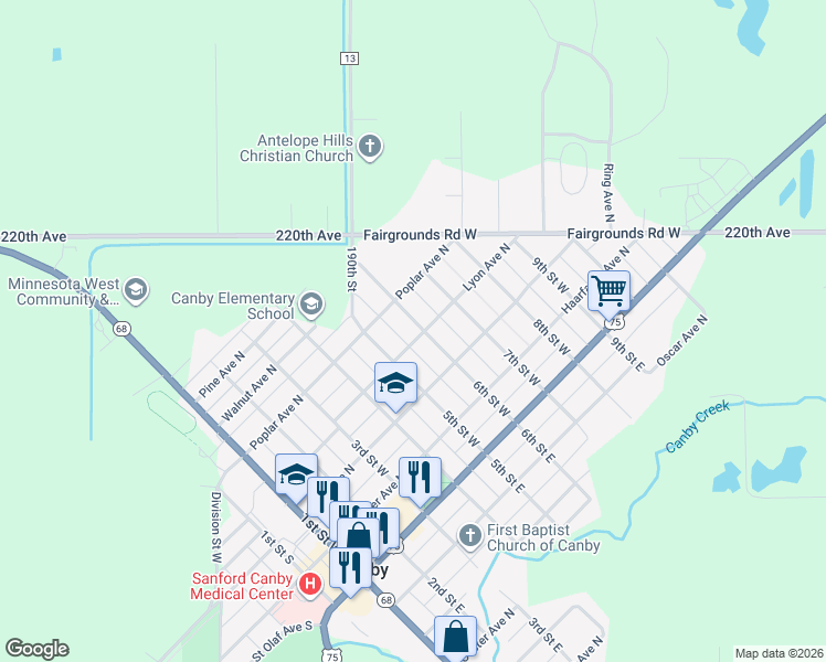 map of restaurants, bars, coffee shops, grocery stores, and more near 506 Lyon Avenue North in Canby