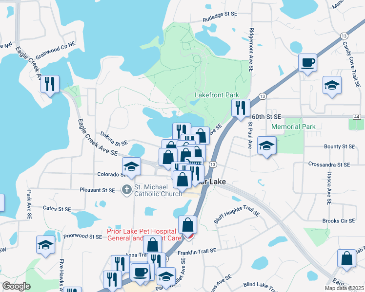 map of restaurants, bars, coffee shops, grocery stores, and more near 4730 Dakota Street Southeast in Prior Lake