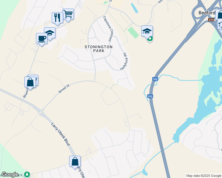 map of restaurants, bars, coffee shops, grocery stores, and more near 582 Broad Street in Bedford