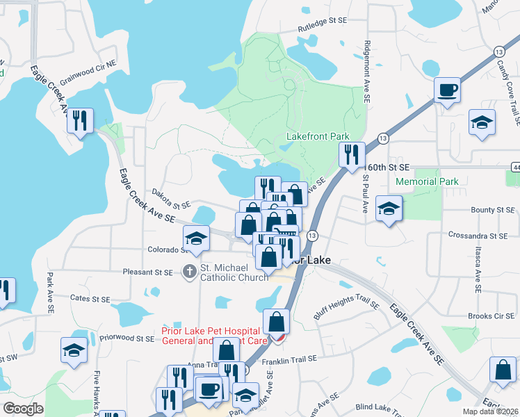 map of restaurants, bars, coffee shops, grocery stores, and more near 4664 Dakota Street Southeast in Prior Lake