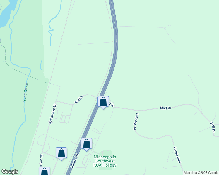 map of restaurants, bars, coffee shops, grocery stores, and more near 3270 Bluff Drive in Shakopee
