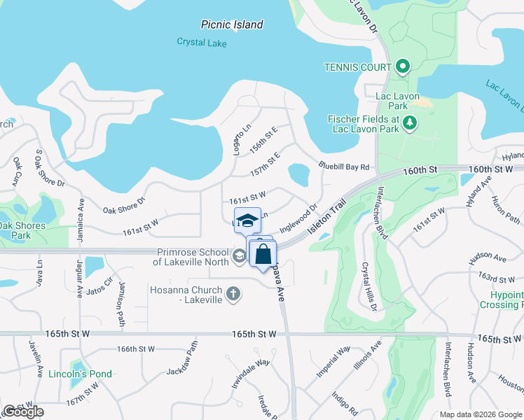 map of restaurants, bars, coffee shops, grocery stores, and more near 16200 Inglewood Drive in Lakeville