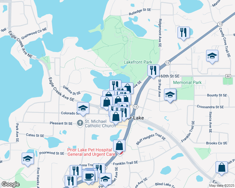map of restaurants, bars, coffee shops, grocery stores, and more near 16154 Main Avenue Southeast in Prior Lake
