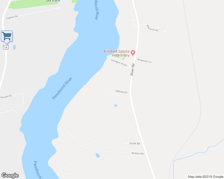 map of restaurants, bars, coffee shops, grocery stores, and more near 8 Highland Drive in Orrington