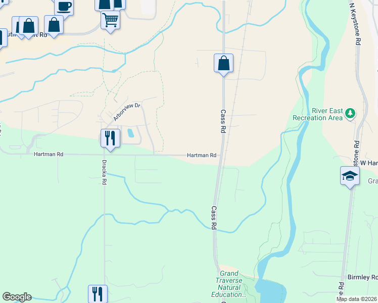 map of restaurants, bars, coffee shops, grocery stores, and more near 2665 Hartman Road in Traverse City